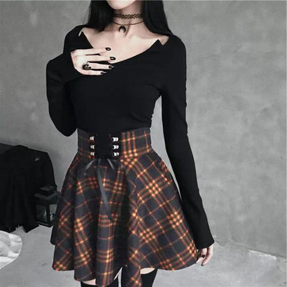 Black Checkered Pleated Gothic Mini Skirt – Punk Plaid Lace-Up Clubwear
