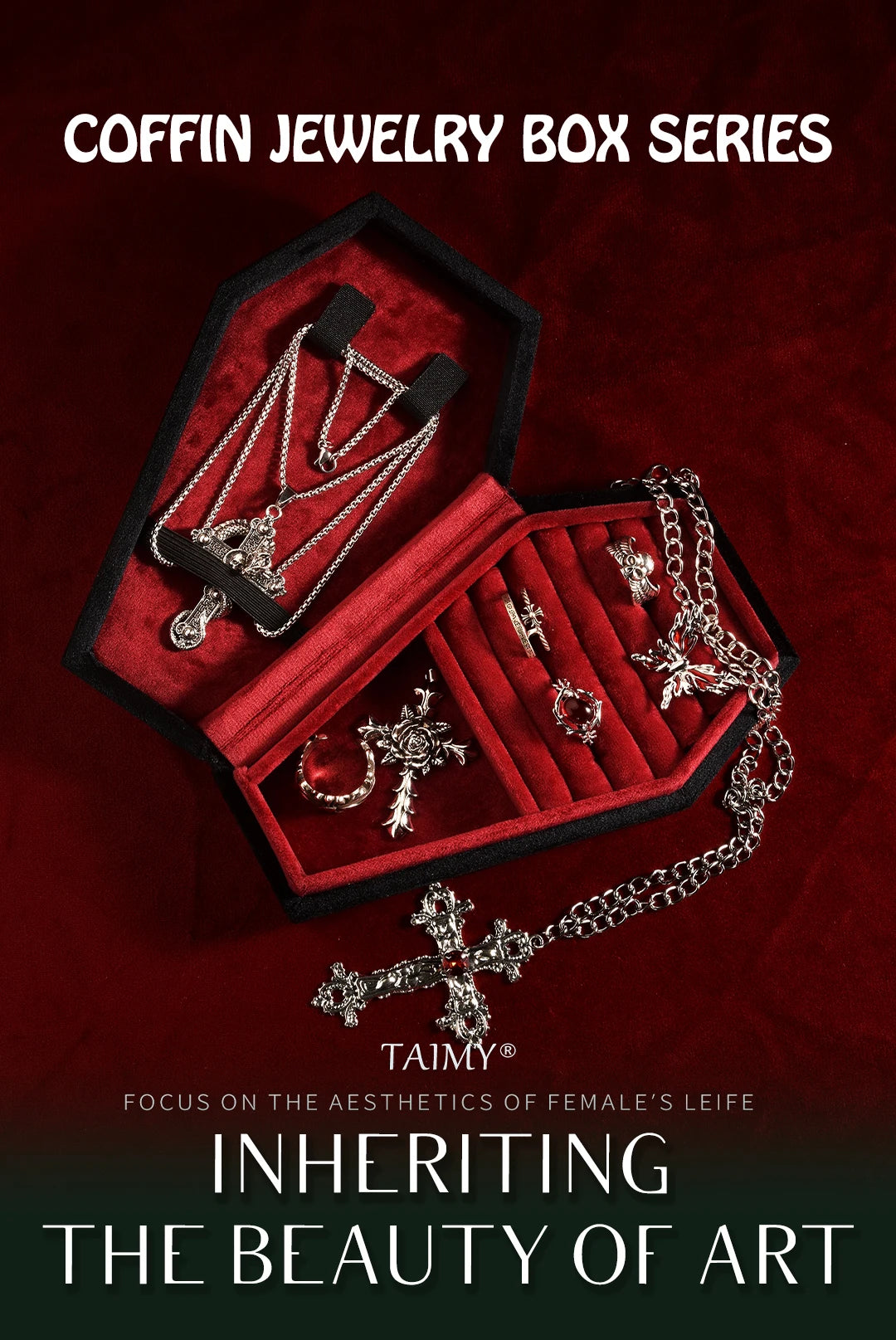 Gothic Velvet Coffin Jewelry Box – Customizable Ring & Necklace Display Case