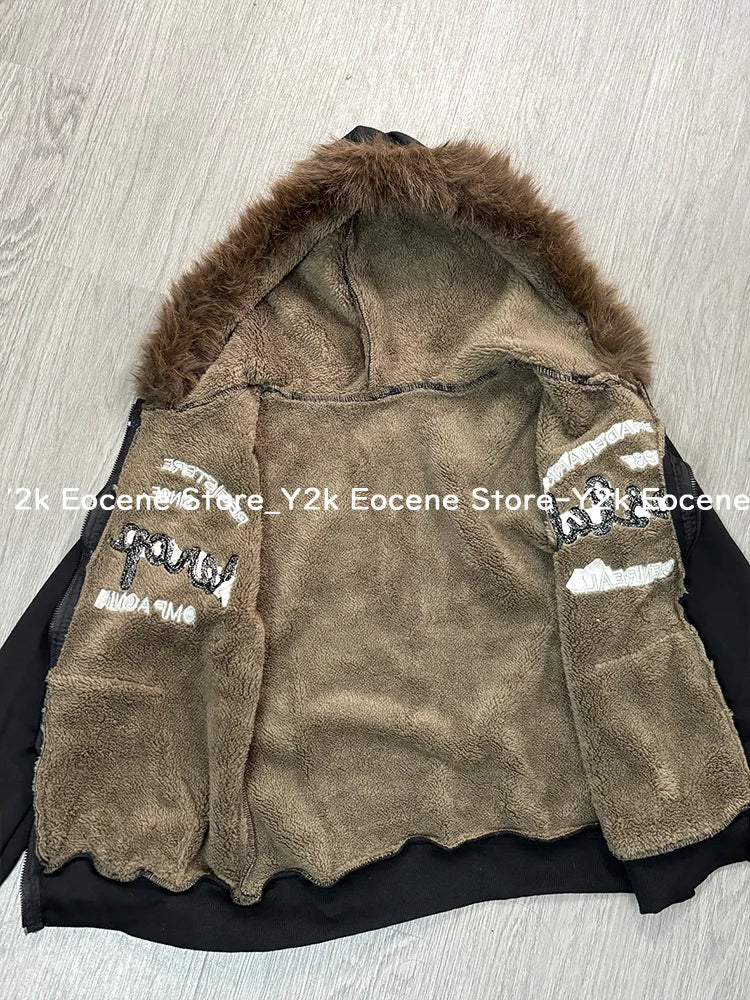 Vintage Letter Fur Collar Hoodie – Y2K Retro Zip-Up Plush Jacket