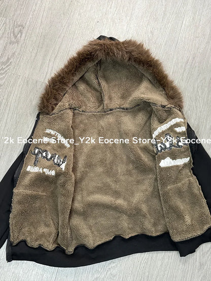 Vintage Letter Fur Collar Hoodie – Y2K Retro Zip-Up Plush Jacket