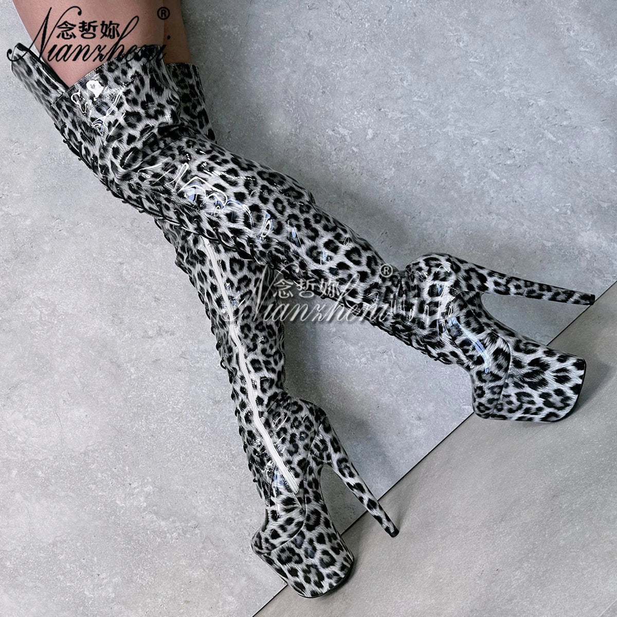 Blue Leopard Over-the-Knee Platform Boots