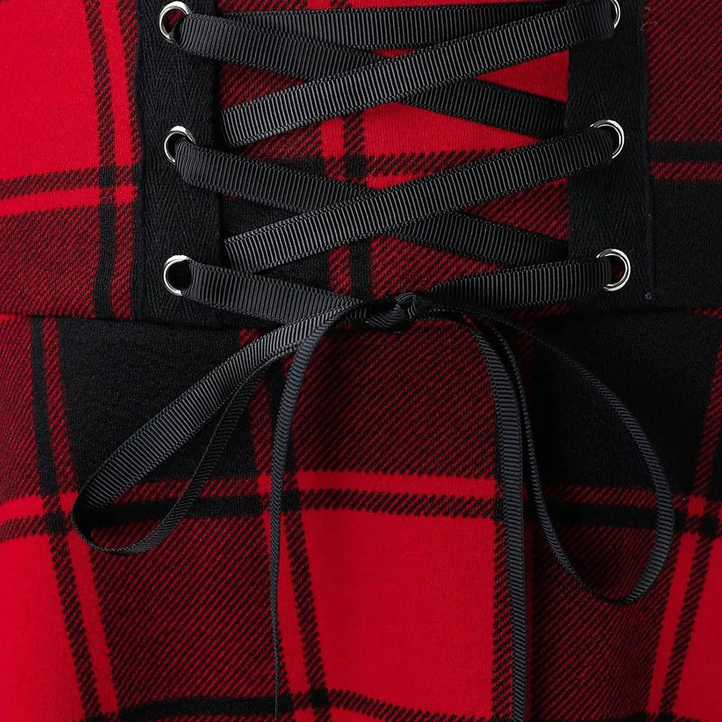Black Checkered Pleated Gothic Mini Skirt – Punk Plaid Lace-Up Clubwear