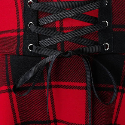 Black Checkered Pleated Gothic Mini Skirt – Punk Plaid Lace-Up Clubwear