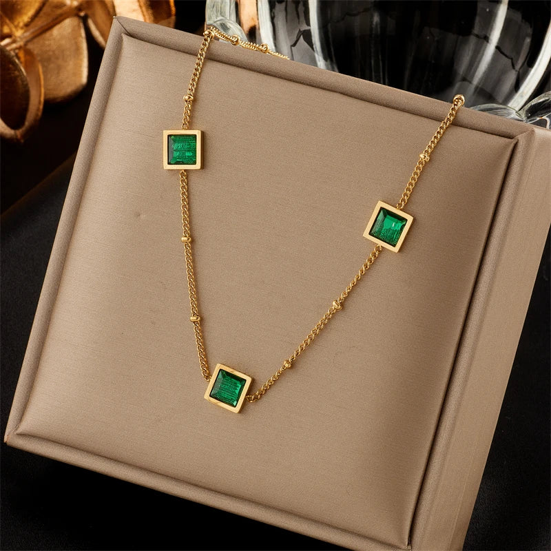 Stainless Steel Green Crystal Necklace – Bohemian Pendant Chain