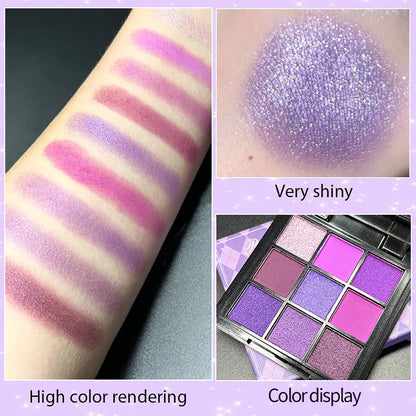 9-Grid Red & Purple Eyeshadow Palette – Matte, Glitter & Shimmer Finishes