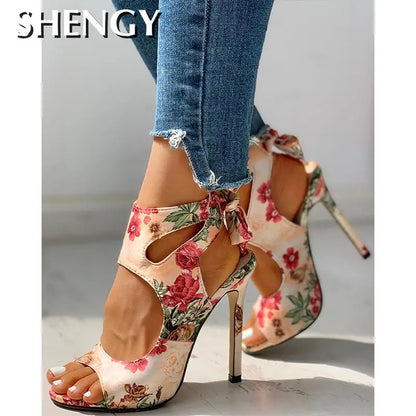Lace-Up Peep Toe Ankle Strap High Heels