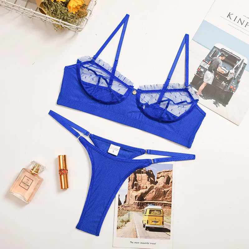 Embroidered Lace Lingerie Set with Garter Belt