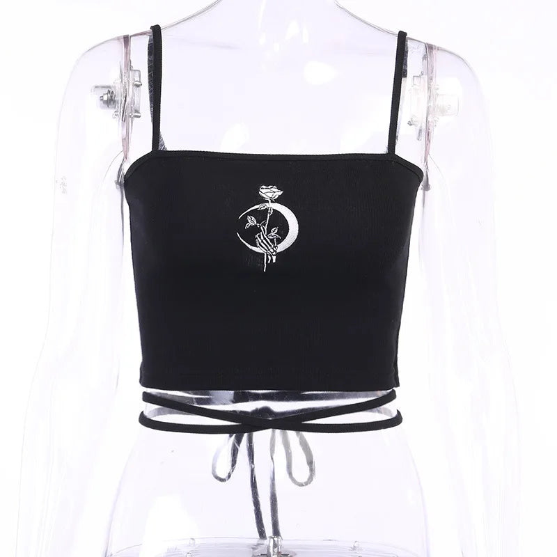 Gothic Print Suspender Crop Tank Top