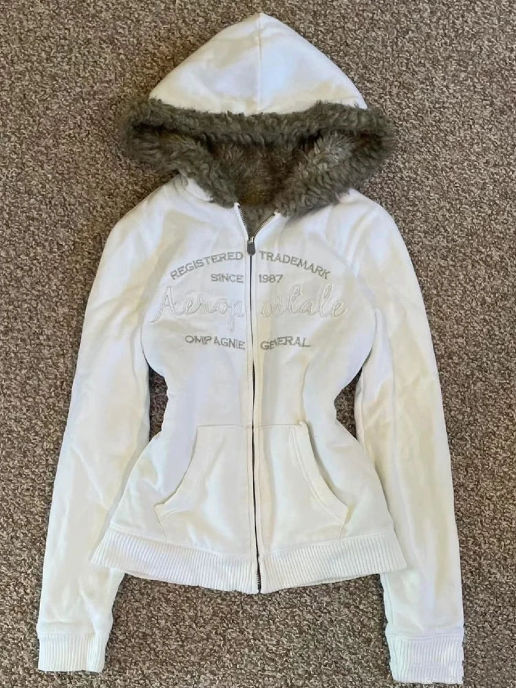 Vintage Letter Fur Collar Hoodie – Y2K Retro Zip-Up Plush Jacket