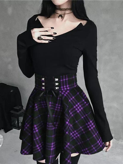 Black Checkered Pleated Gothic Mini Skirt – Punk Plaid Lace-Up Clubwear