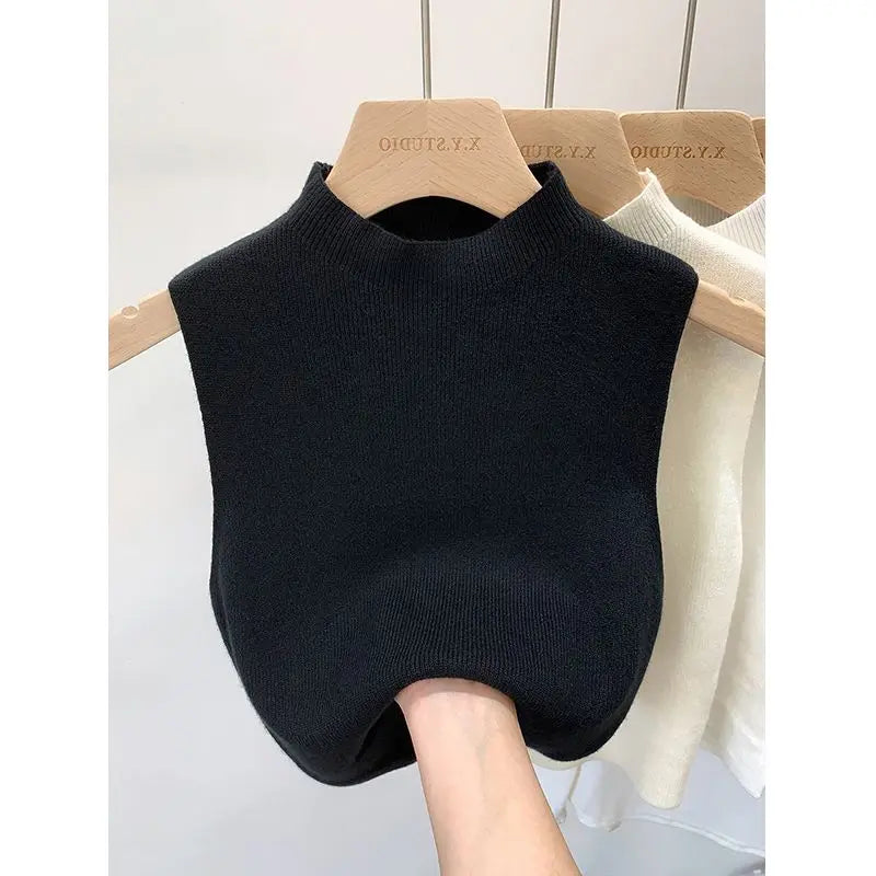 Summer Half High Collar Knitted Vest – Korean Youth Printed Sleeveless Top