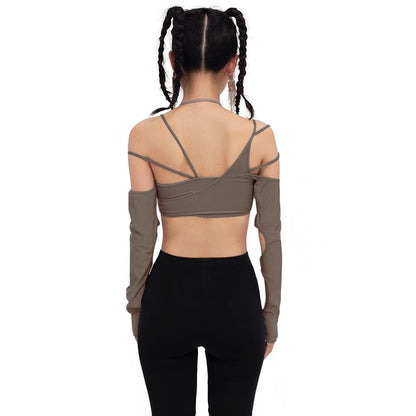 Goth Dark Cyber Y2K Halter Crop Top – Patchwork Long Sleeve Cut-Out Tee