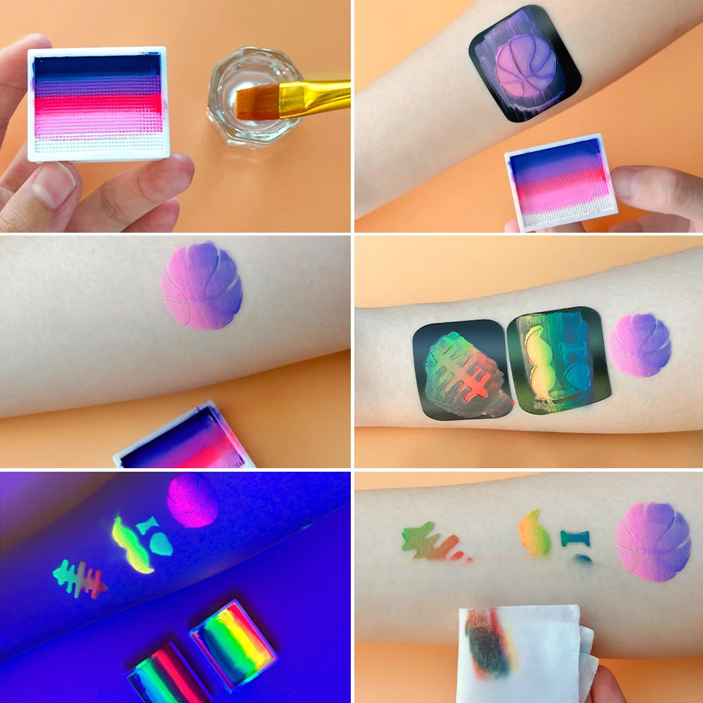 UV Glow-in-the-Dark Rainbow Body Paint – Neon Fluorescent Water-Activated Makeup (8g)