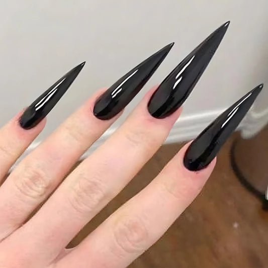 Glossy Black Stiletto Press-On Nails – 24pc Long Acrylic Nail Set