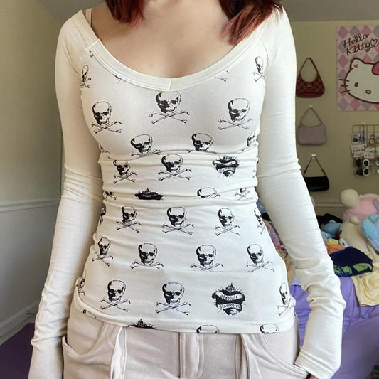 Y2K Gothic Skull Crop Top – Vintage Grunge Graphic Tee for Women