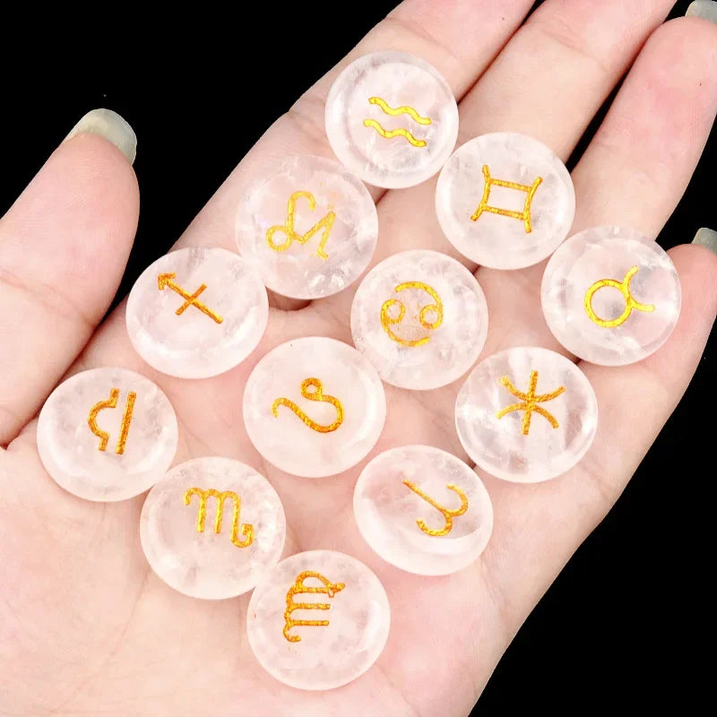 12-Piece Mini Chakra Stones Set – Natural Amethyst, Quartz & Semi-Precious Crystals with Zodiac Symbols