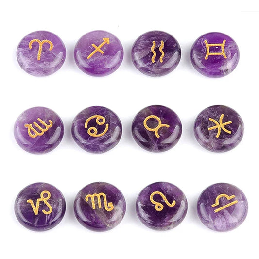12-Piece Mini Chakra Stones Set – Natural Amethyst, Quartz & Semi-Precious Crystals with Zodiac Symbols