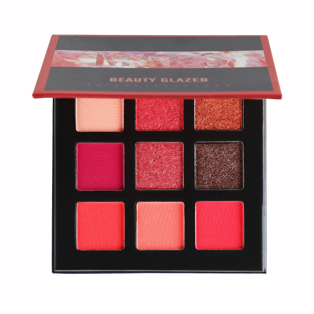 9-Color Matte & Glitter Eyeshadow Palette – Red Tone Shimmer Collection