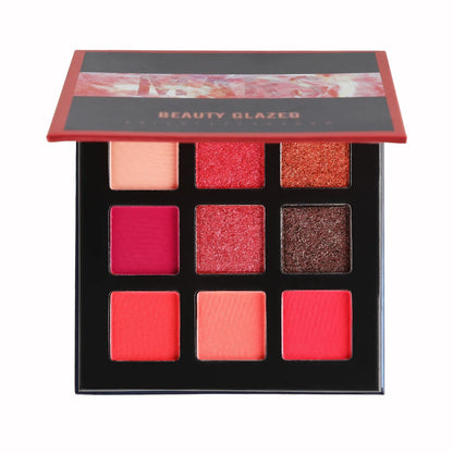 9-Color Matte & Glitter Eyeshadow Palette – Red Tone Shimmer Collection