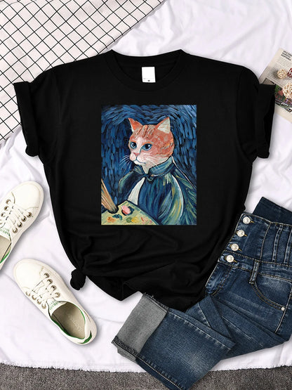 Mona Lisa Funny Cat T-Shirt – Oversized Art Print Crewneck Tee for Women