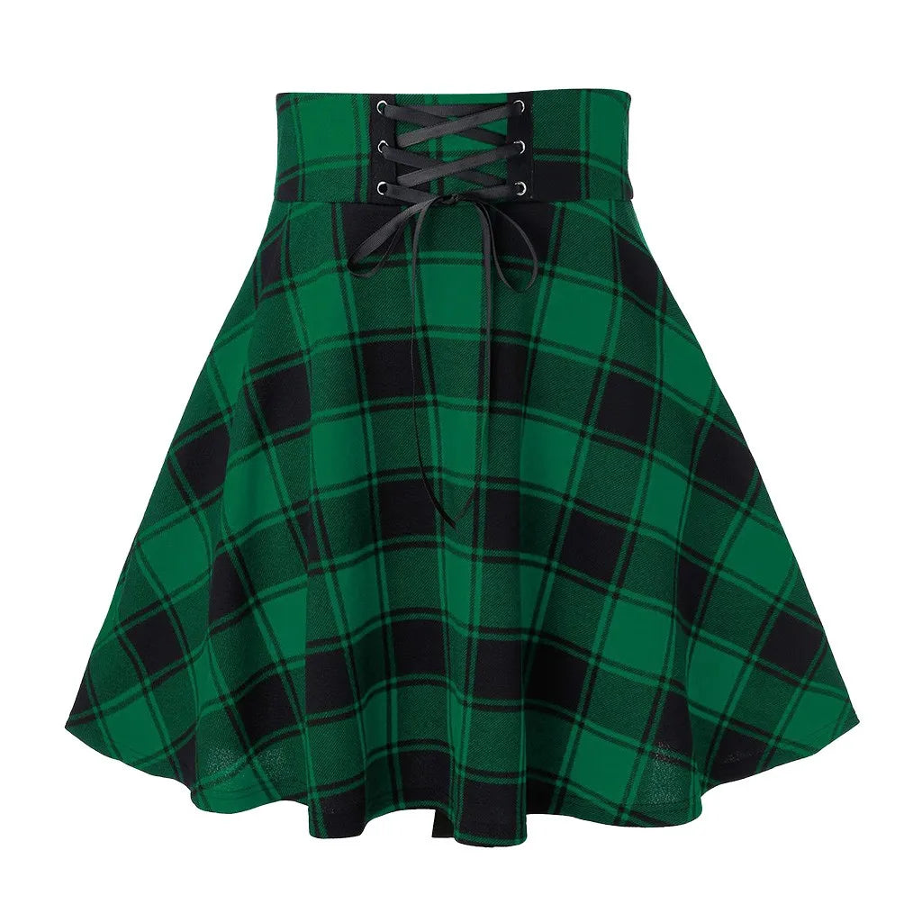 Black Checkered Pleated Gothic Mini Skirt – Punk Plaid Lace-Up Clubwear
