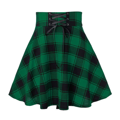 Black Checkered Pleated Gothic Mini Skirt – Punk Plaid Lace-Up Clubwear
