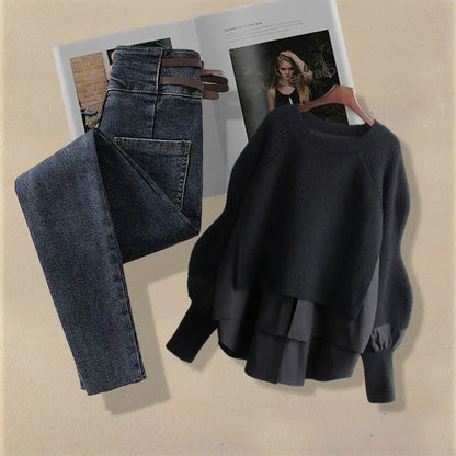 Korean Fashion Two-Piece Set – Fake Layered Shirt Top & Slim Fit Jeans