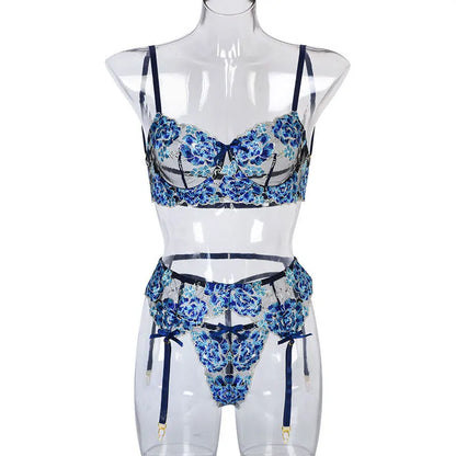 Embroidered Lace Lingerie Set with Garter Belt