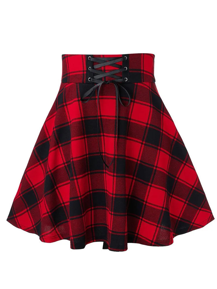 Black Checkered Pleated Gothic Mini Skirt – Punk Plaid Lace-Up Clubwear
