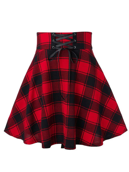 Black Checkered Pleated Gothic Mini Skirt – Punk Plaid Lace-Up Clubwear