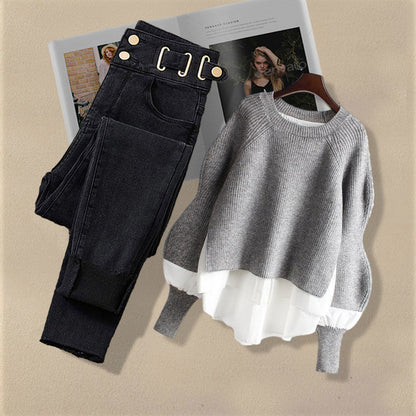 Korean Fashion Two-Piece Set – Fake Layered Shirt Top & Slim Fit Jeans