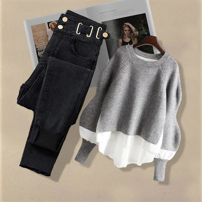 Korean Fashion Two-Piece Set – Fake Layered Shirt Top & Slim Fit Jeans
