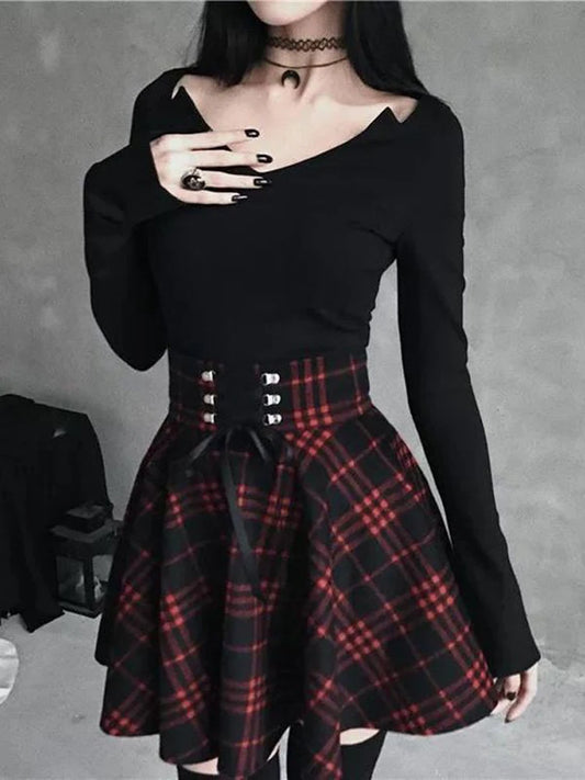 Black Checkered Pleated Gothic Mini Skirt – Punk Plaid Lace-Up Clubwear