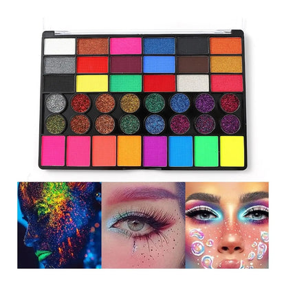 42-Color UV Neon & Glitter Face & Body Paint Palette – Water-Activated Art Makeup