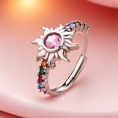 Stylish Pink & White Zircon Sun Ring – Adjustable Gold & Silver Wedding Band
