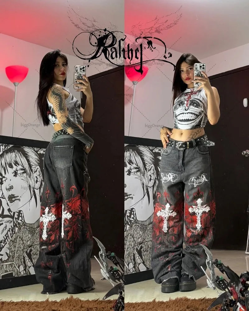 Y2K Gothic Cargo Pants – Wide-Leg Streetwear Trousers with Red Floral Graffiti Print
