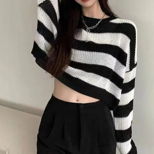 Korean Style Striped Cropped Oversized Sweater