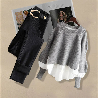 Korean Fashion Two-Piece Set – Fake Layered Shirt Top & Slim Fit Jeans