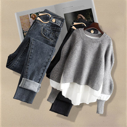 Korean Fashion Two-Piece Set – Fake Layered Shirt Top & Slim Fit Jeans