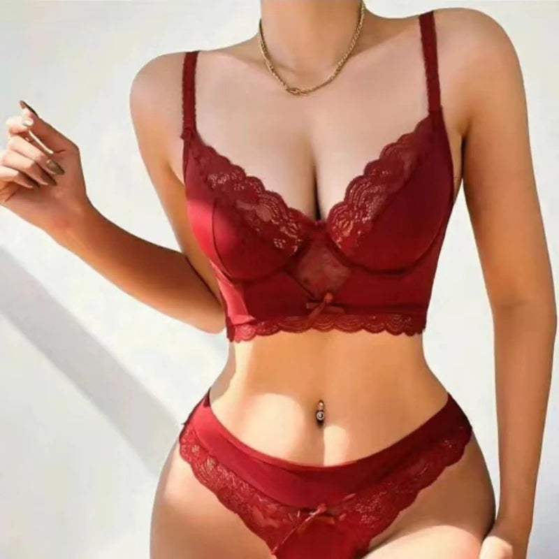 Exquisite Sexy Floral Lingerie Set Lace Transparent Bra Set Push-up Bra Thong Garter Belt 3PCS  Sexy Lingerie Underwear Set