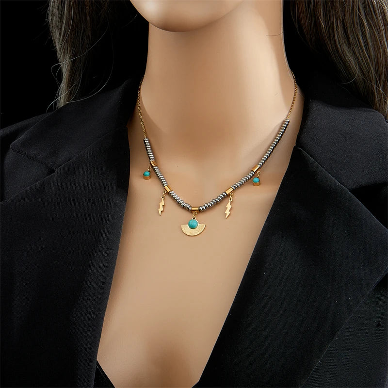 Stainless Steel Green Crystal Necklace – Bohemian Pendant Chain