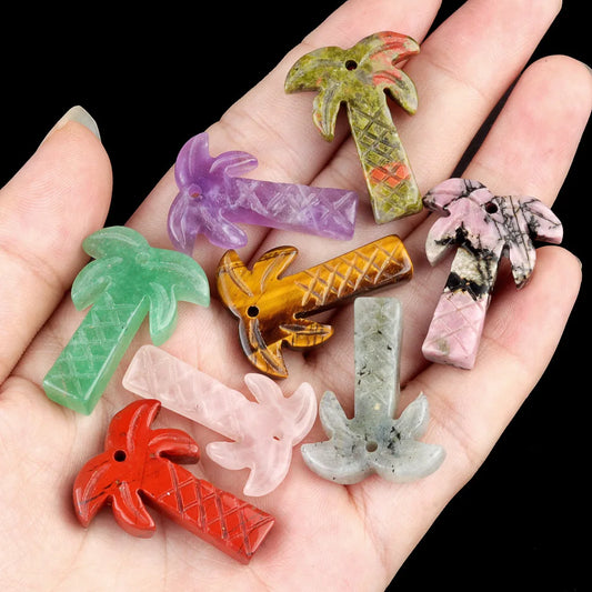 Natural Crystal Coconut Tree Statue – Carved Healing Stone Ornament with Pendant Hole