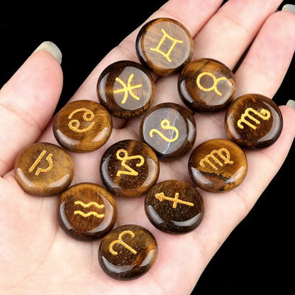 12-Piece Mini Chakra Stones Set – Natural Amethyst, Quartz & Semi-Precious Crystals with Zodiac Symbols
