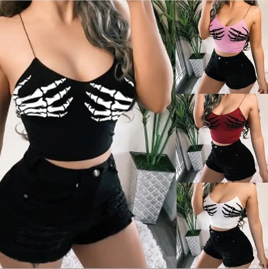 Gothic Skeleton Hand Print Crop Top – Y2K Spaghetti Strap Camisole