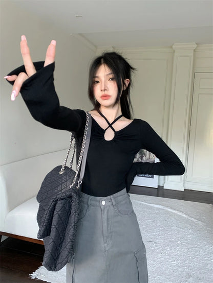 Y2K Halter Bandage V-Neck Long Sleeve Top – Korean Streetwear Style