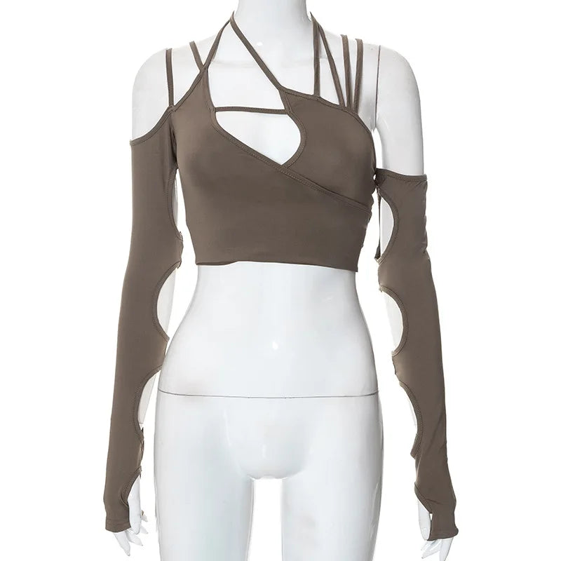 Goth Dark Cyber Y2K Halter Crop Top – Patchwork Long Sleeve Cut-Out Tee