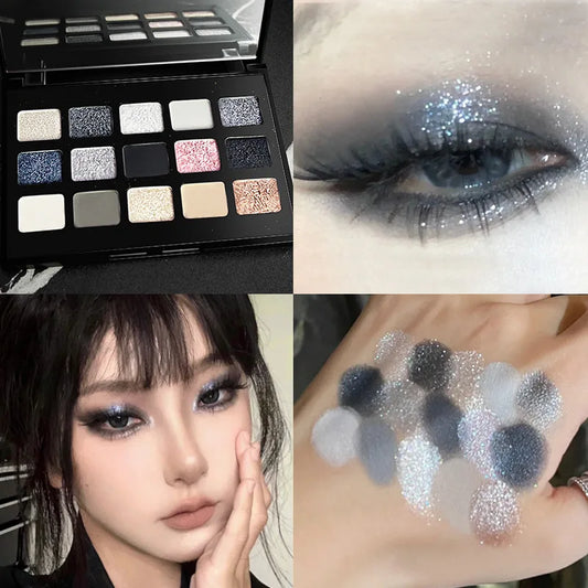 15-Color Pearl Glitter Eyeshadow Palette – Smoky, Cool-Toned, Waterproof Makeup
