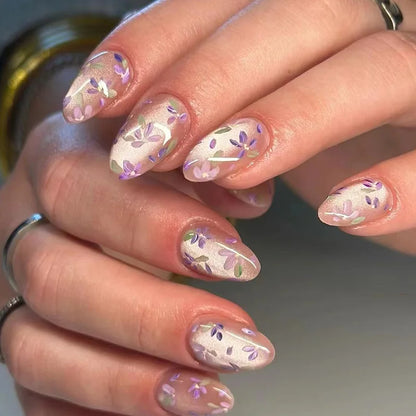Peach Blossom Cat’s Eye Press-On Nails – 24pc Nude Glitter Floral Set