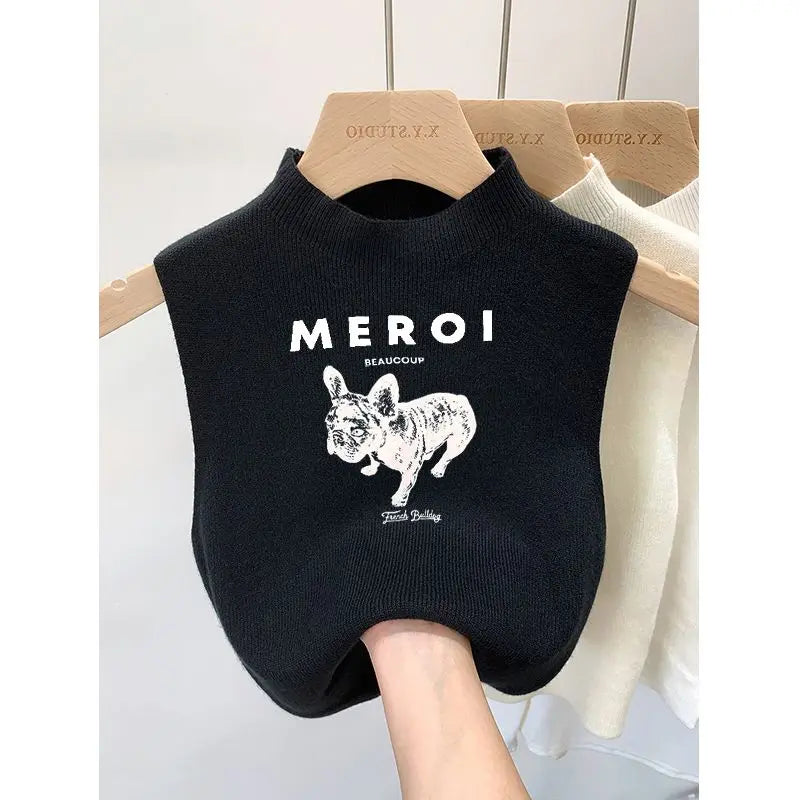 Summer Half High Collar Knitted Vest – Korean Youth Printed Sleeveless Top