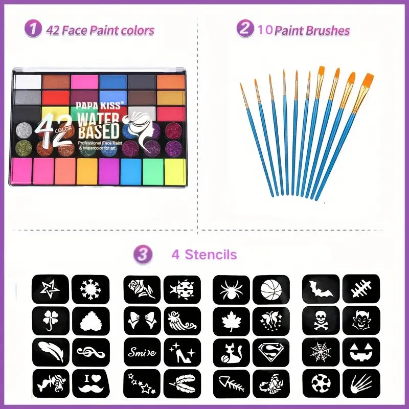 42-Color UV Neon & Glitter Face & Body Paint Palette – Water-Activated Art Makeup